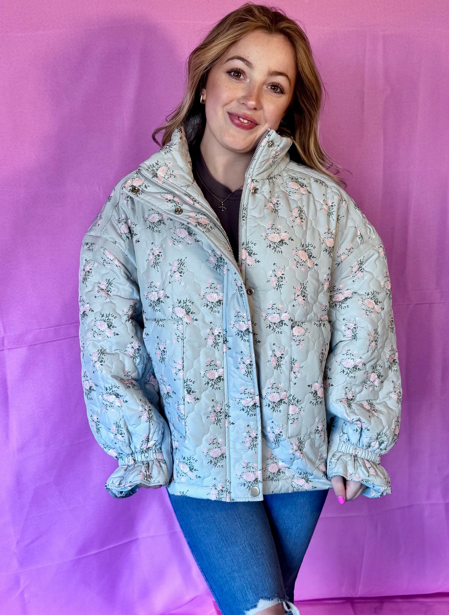 Floral Print Quilted Oversized Casual Jacket