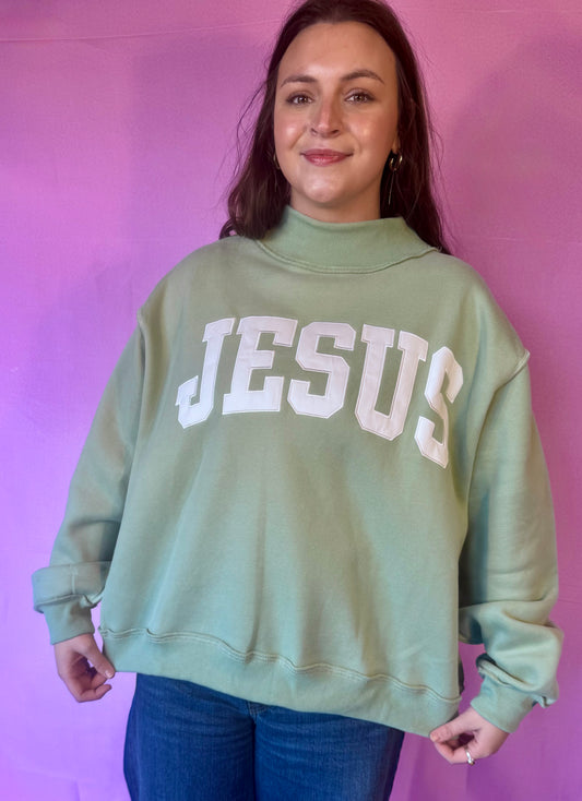 JESUS  Embroidered Mock Neck Sweatshirt