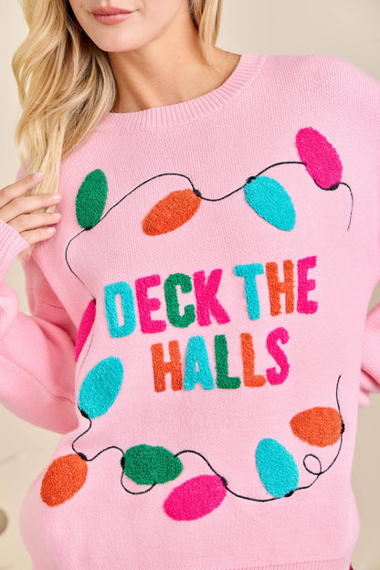 Deck the Halls Pink Christmas Knit Sweater Holiday Pullover- RTS