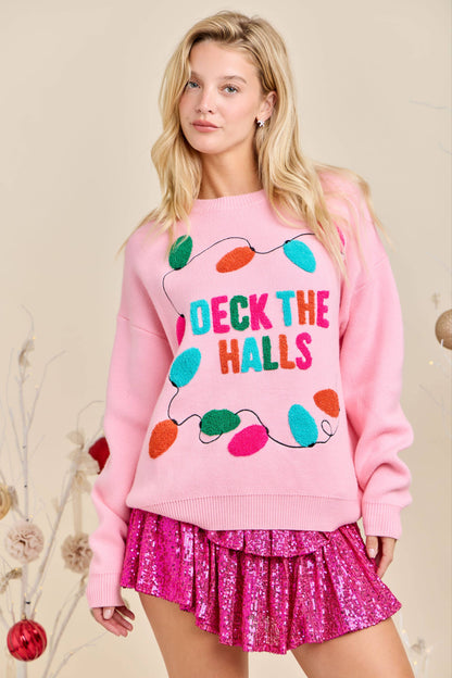 Deck the Halls Pink Christmas Knit Sweater Holiday Pullover- RTS