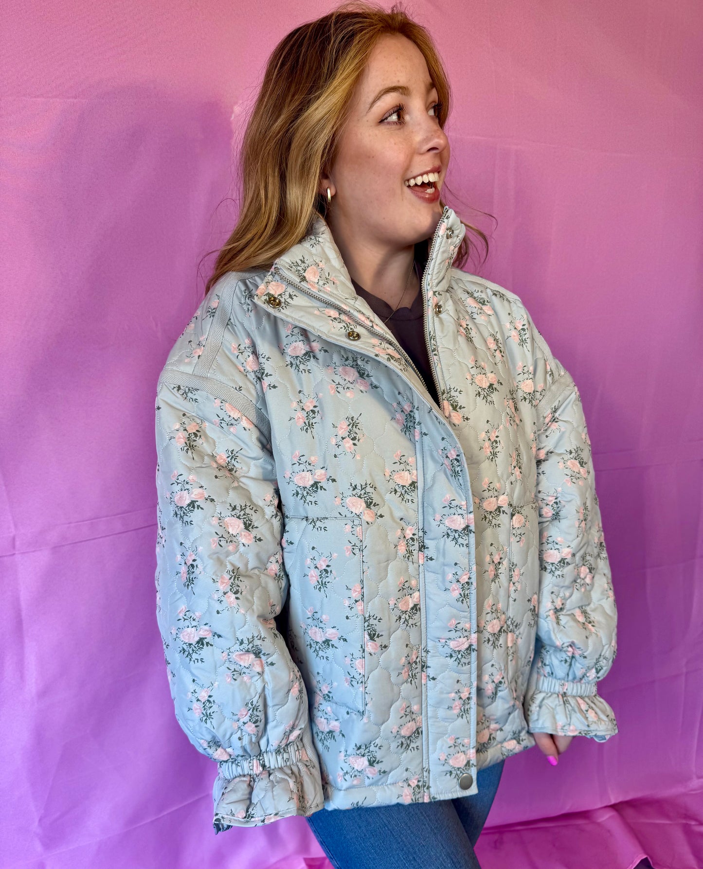 Floral Print Quilted Oversized Casual Jacket