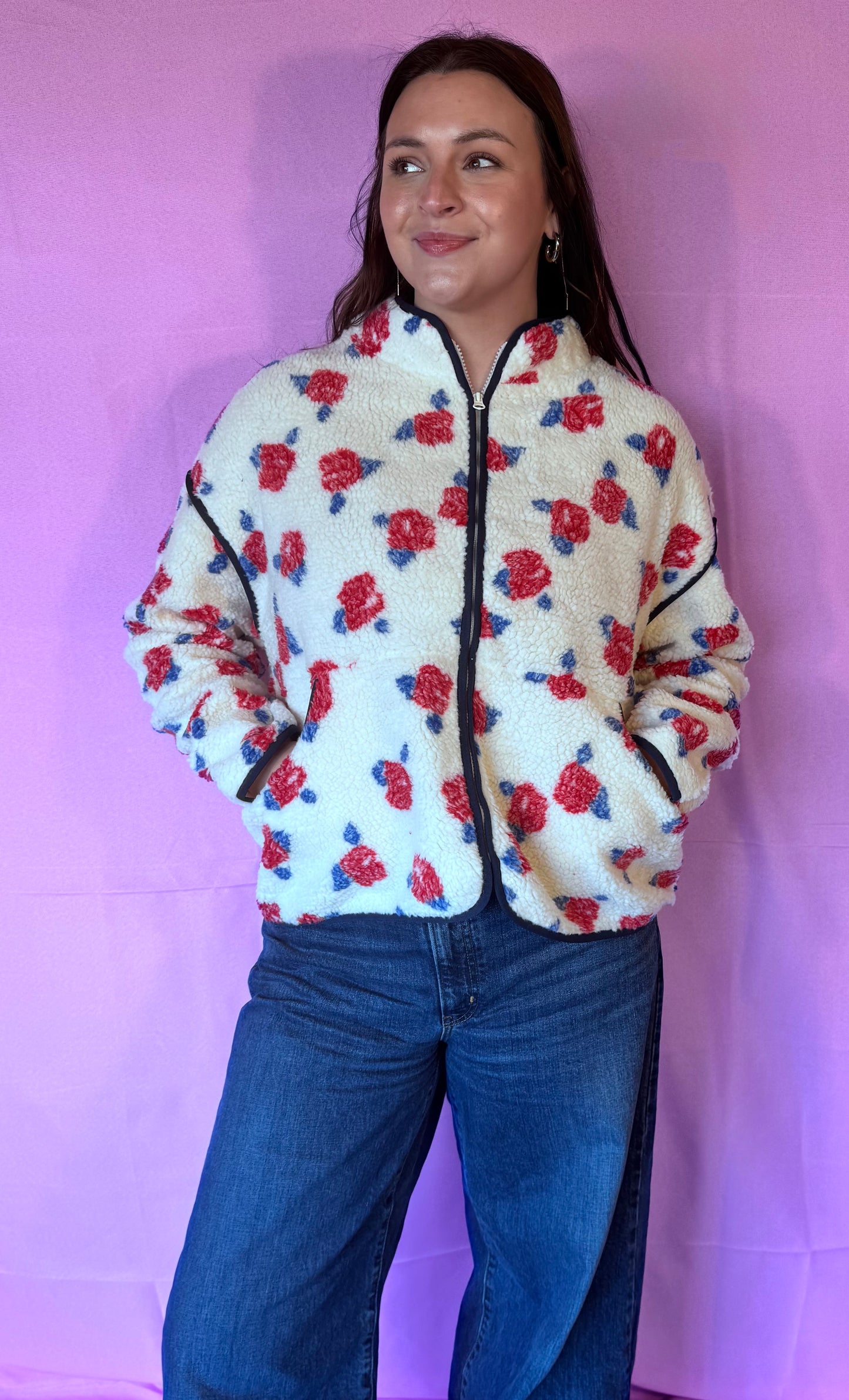 Oversized Floral Printed Fleece Sherpa Jacket
