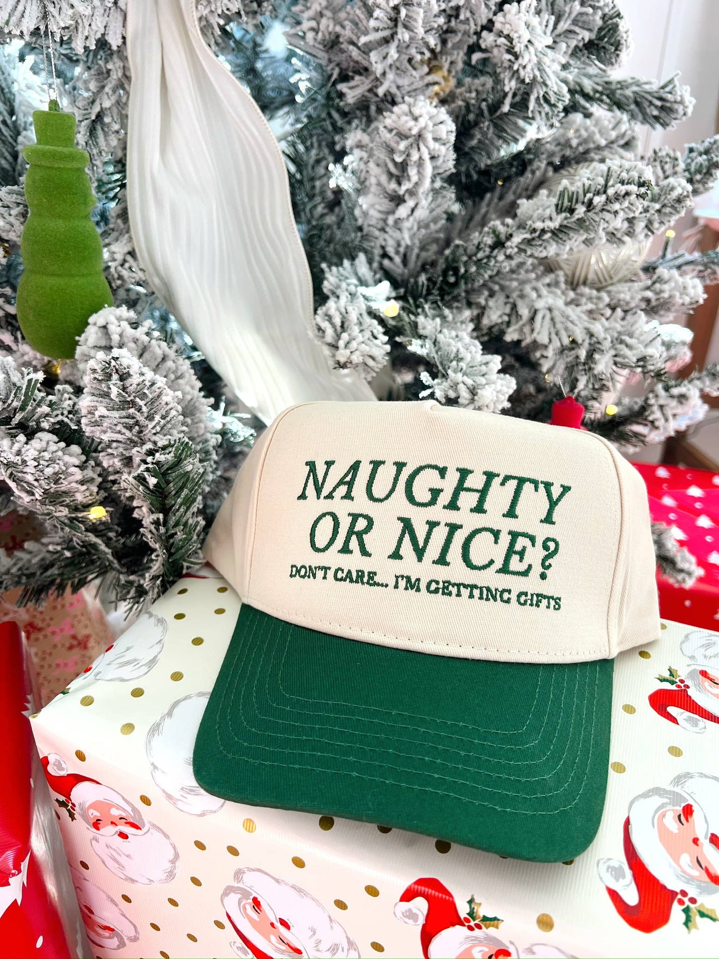 Naughty or Nice? Don't Care - Green Vintage Trucker Hat- RTS