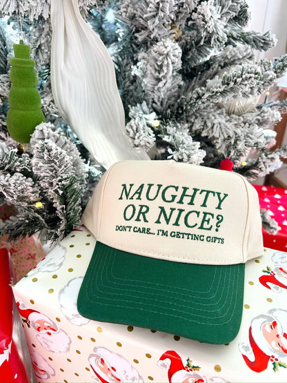 Naughty or Nice? Don't Care - Green Vintage Trucker Hat- RTS