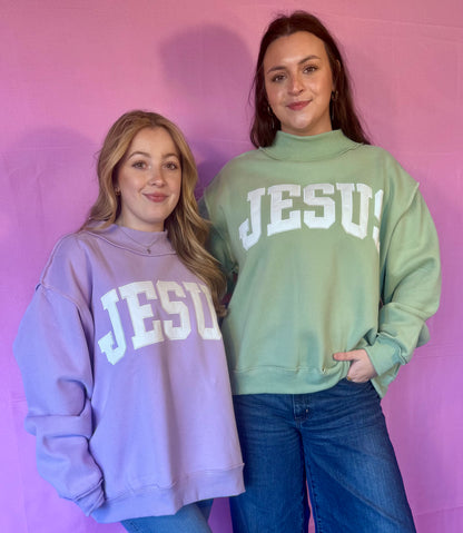 JESUS  Embroidered Mock Neck Sweatshirt