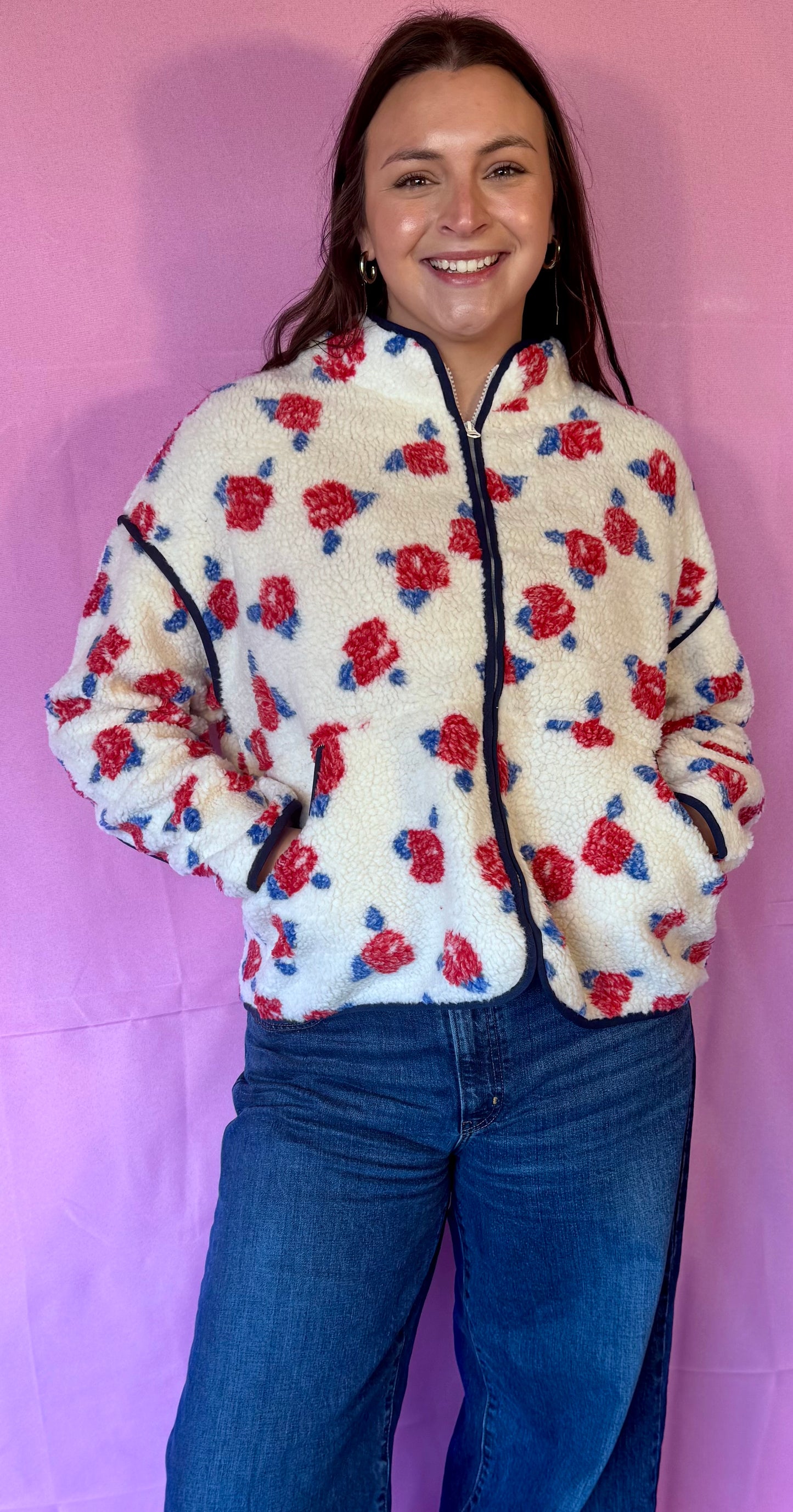 Oversized Floral Printed Fleece Sherpa Jacket