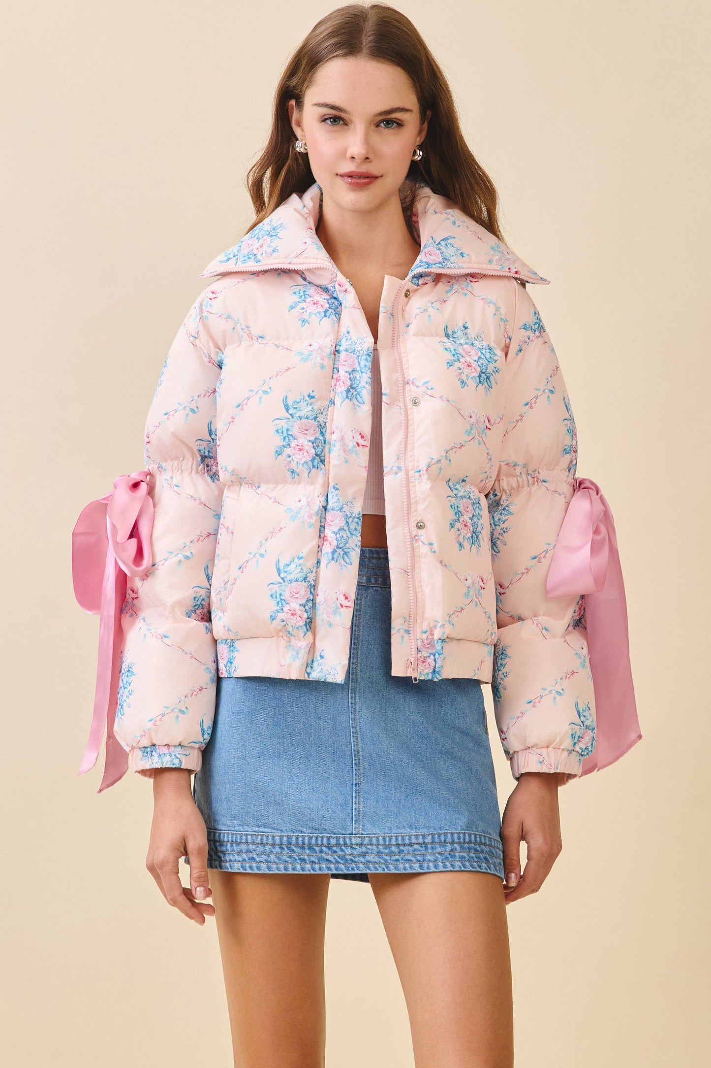 Floral Print Bow Knot Elbow String Puffer Jacket- RTS