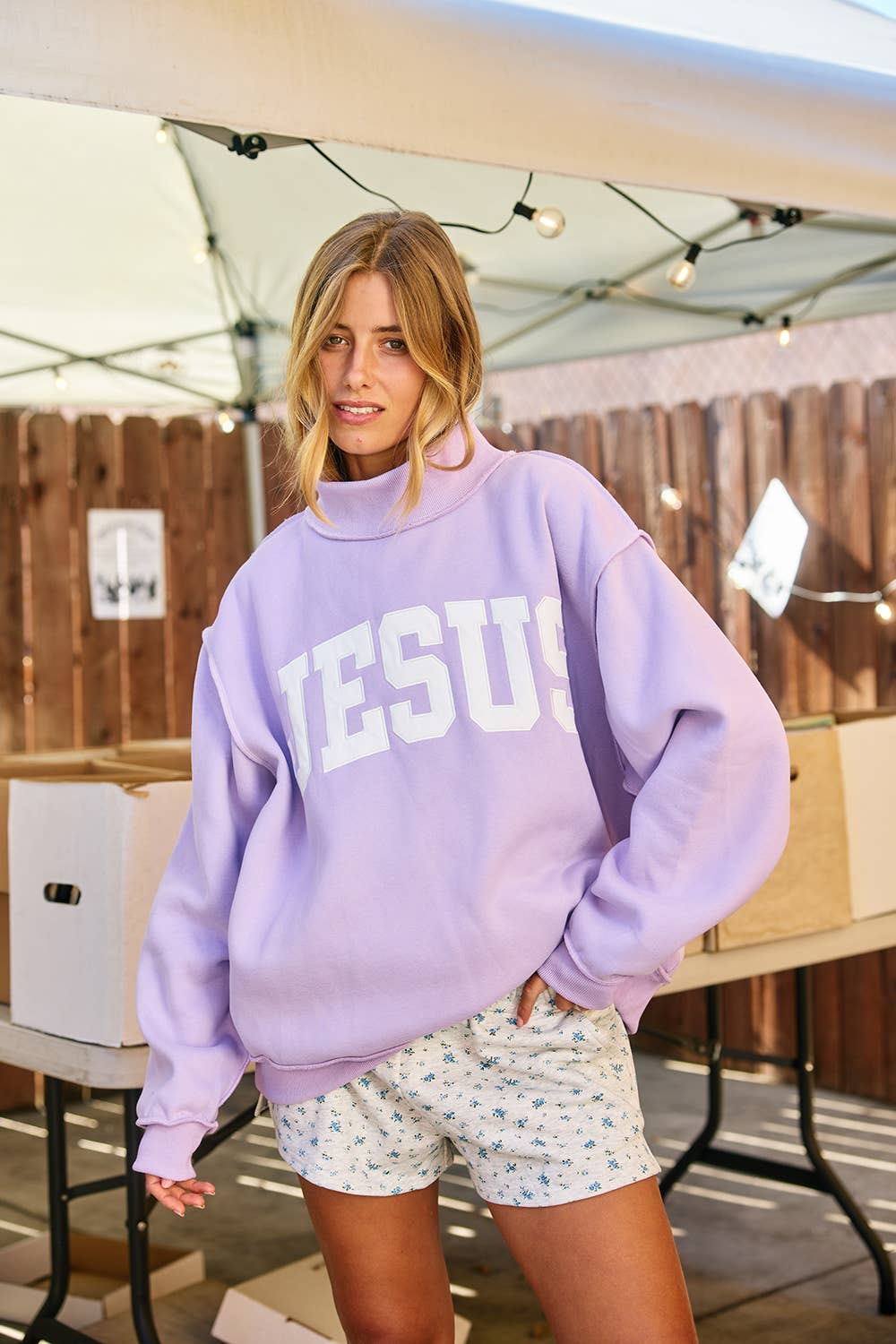 JESUS  Embroidered Mock Neck Sweatshirt
