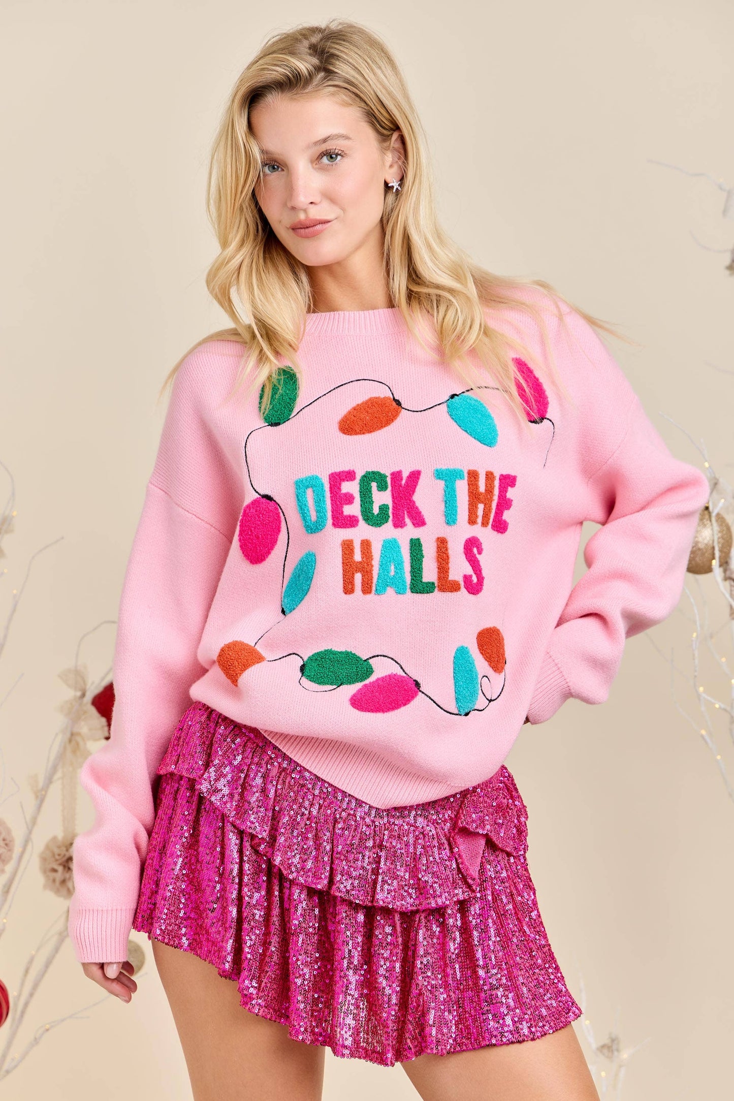Deck the Halls Pink Christmas Knit Sweater Holiday Pullover- RTS