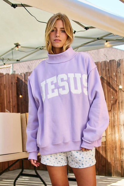 JESUS  Embroidered Mock Neck Sweatshirt