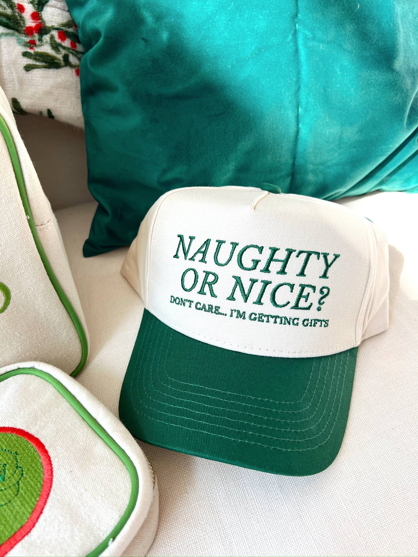 Naughty or Nice? Don't Care - Green Vintage Trucker Hat- RTS