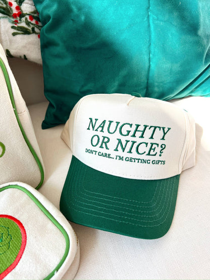 Naughty or Nice? Don't Care - Green Vintage Trucker Hat- RTS