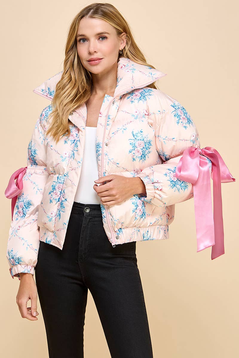 Floral Print Bow Knot Elbow String Puffer Jacket- RTS
