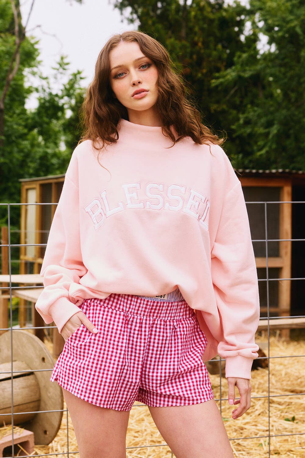 BLESSED' Embroidered Mockneck Sweatshirt