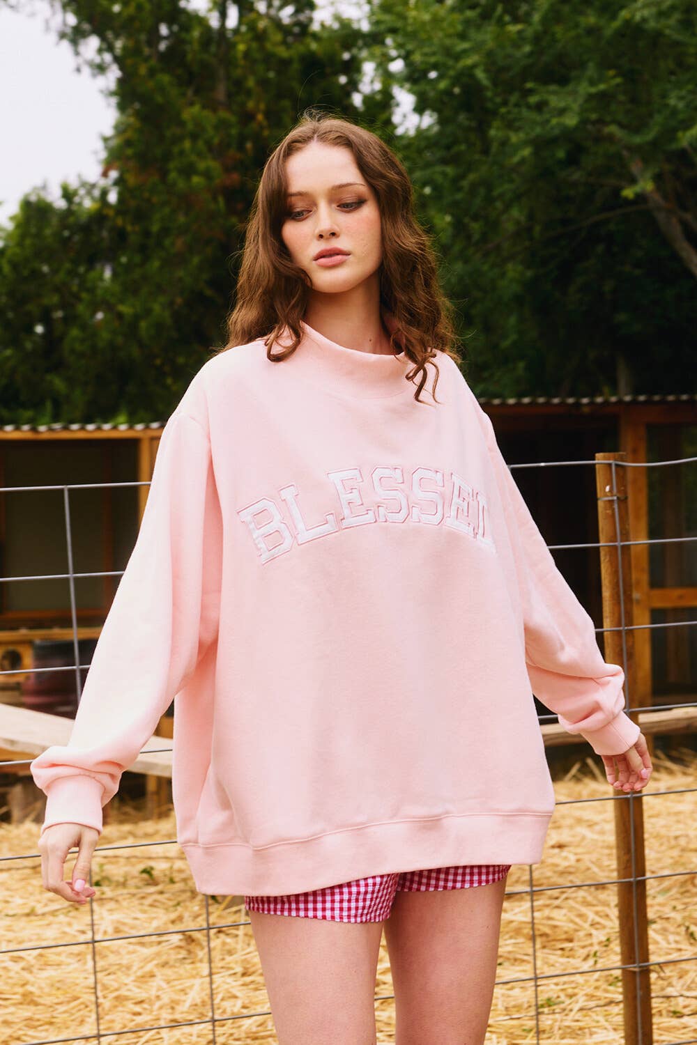 BLESSED' Embroidered Mockneck Sweatshirt
